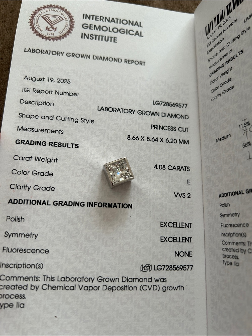 Princess Cut Laboratory Grown Diamond 4.08 CT - Square Stud